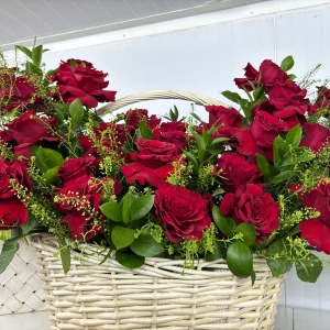 25 Red Rose Basket with Green Leaves